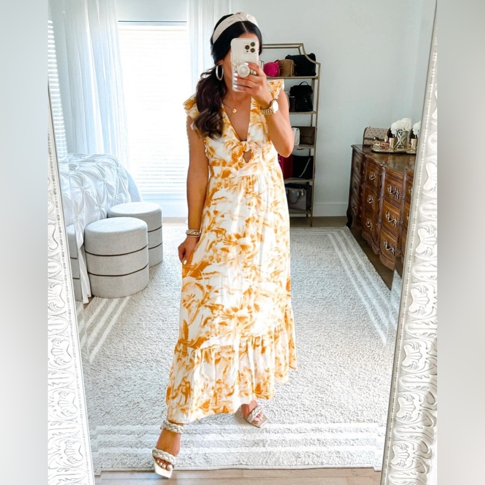 Express Women size Large Flutter Sleeve Tie Front Midi Linen Dress Yellow Gold - Picture 1 of 15